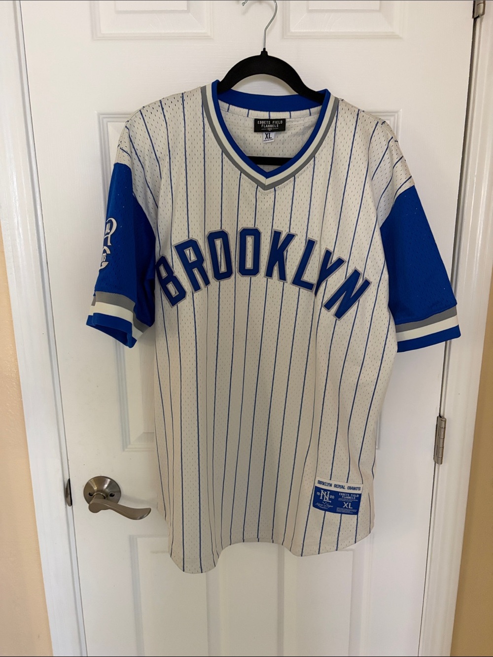 Ebbets Field Flannels White and Royal Blue Brooklyn Pinstripe Jersey